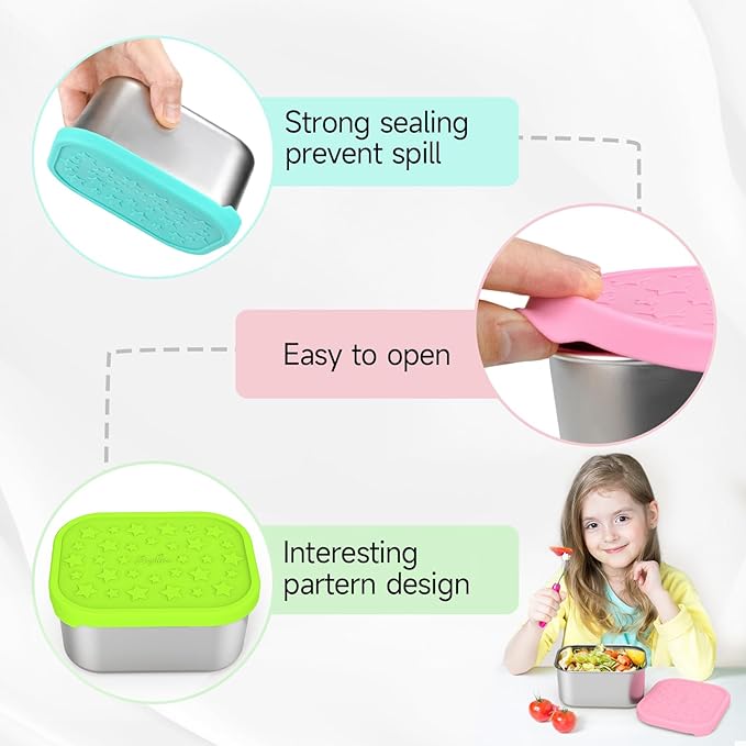 SOPHICO Stainless Steel 14 OZ Snack Containers for Kids，Food Storage Container with Silicone Lid - Perfect 304 Metal Toddler Lunch Box for Daycare and School, Leak Proof (MIX, 4 PACK)