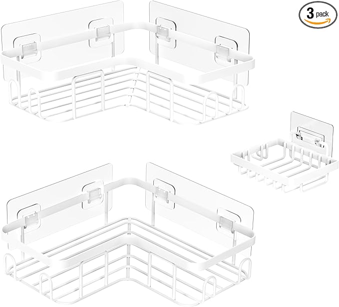 Moforoco Corner Adhesive Shower Caddy, with Soap Holder and 12 Hooks, Rustproof Stainless Steel Bathroom Organizer, No Drilling Wall Mounted Rack, Black, 3-Pack(White)