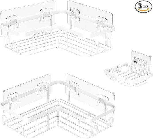 Moforoco Corner Adhesive Shower Caddy, with Soap Holder and 12 Hooks, Rustproof Stainless Steel Bathroom Organizer, No Drilling Wall Mounted Rack, Black, 3-Pack(White)
