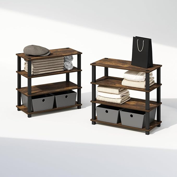 Furinno Turn-S-Tube 4-Tier Multipurpose Standing Shelves, Amber Pine/Black, Set of 2