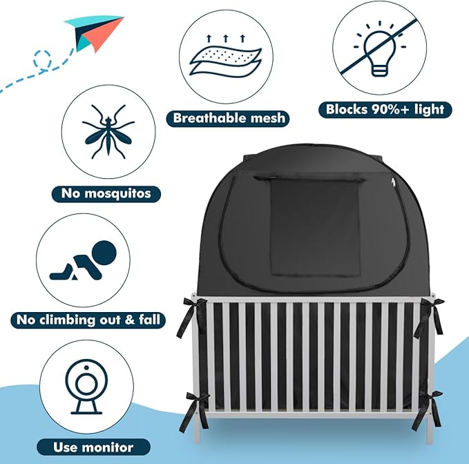 Crib Blackout Cover, Breathable Blackout Crib Cover to Block 90% of Light, Portable Crib Tent Blackout for Baby Better Napping or Sleeping