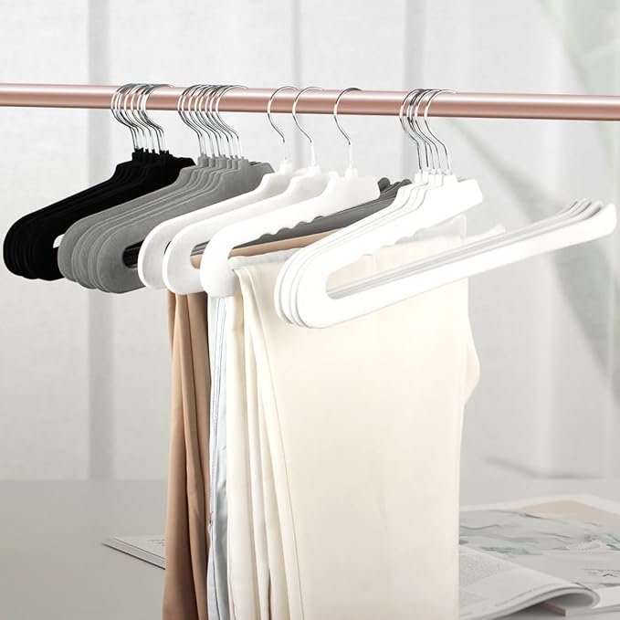 Velvet Pants Hangers,16 Pack Non Slip Felt Slack/Trouser Hanger,Slim & Sleek Heavy Duty Space Saving Closet with 360° Swivel Hook,Tank Top Hangers for Shorts,Jeans,Suit Pants,Towel(White)