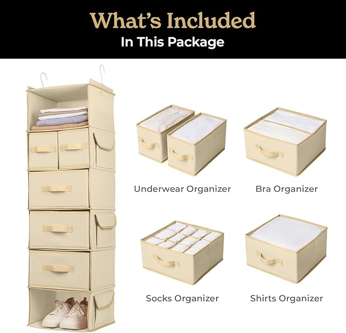 SMIRLY 6 Shelf Hanging Closet Organizer Hanging Shelves, Closet Hanging Organizer with 2 Sturdy Hooks for Wardrobe, Nursery, Storage (Beige, Inseparate)