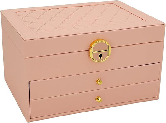 KOOAAICCHI Jewelry Box for Women, 3-Layer Jewelry Organizer, Jewelry Storage Case PU Leather for Earrings, Bracelets, Ring, Necklaces-Pink