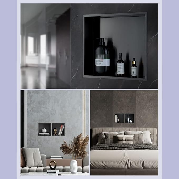 Shower Niche, 14"x16" No Tile Needed, The Insert Storage Rectangle Single Shower Shelf is Easy to Install, Stainless Steel, Black Grey