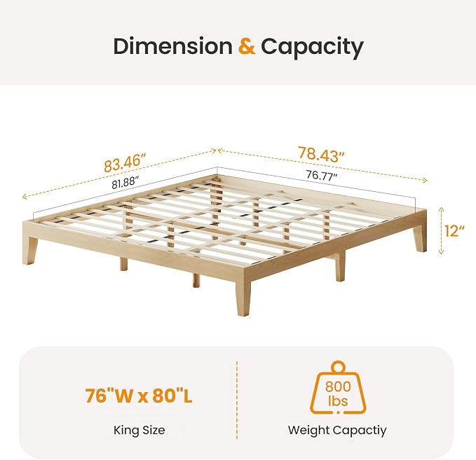 King Size Wood Platform Bed Frame, 12 Inch Solid Wood Bed Frame with Wooden Slats, No Box Spring Needed, Easy Assembly, Rustic Pine
