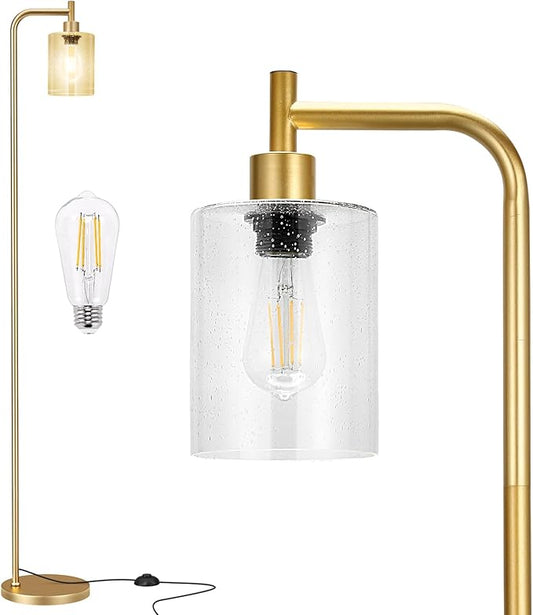 Floor Lamps for Living Room - Standing Lamp with Seeded Glass Shade, Modern Gold Floor Lamp with LED Bulbs, Bright Industrial Floor Lamp for Bedroom, Tall Lamp for Office - Gold