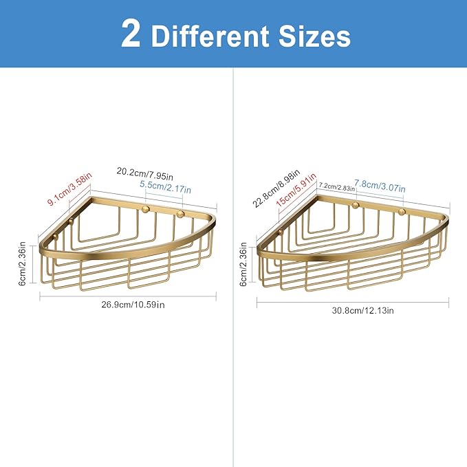 Corner Shower Caddy Organizer, SUS304 Stainless Steel Heavy Duty Rust-Proof Shelf Shampoo Holder, Wall Mounted Storage Rack for Bathroom Kitchen, 2 Packs Brushed Gold