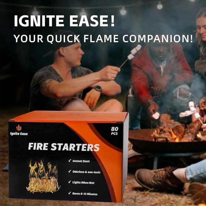 80pcs Natural Fire Starters - All Weather Waterproof Firelighters for Campfire, Grill, BBQ, Fire Pit, Fireplace, Wood Stove, Pizza Oven | Charcoal Starter, Odorless & Eco-Friendly