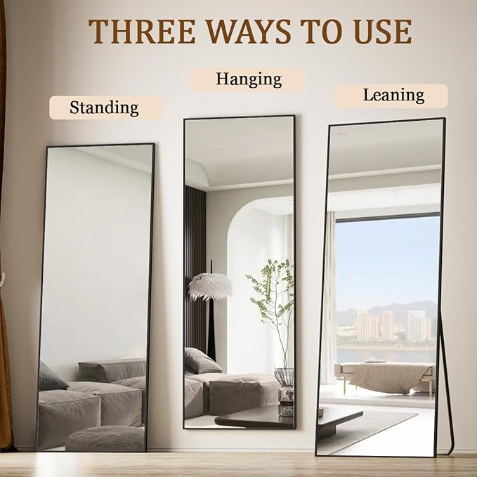 Koonmi 64"x21" Floor Mirror Full Length, Bedroom Floor Body Mirror with Stand, Black Mirror, Leaning, Standing or Hanging Horizontally/Vertically