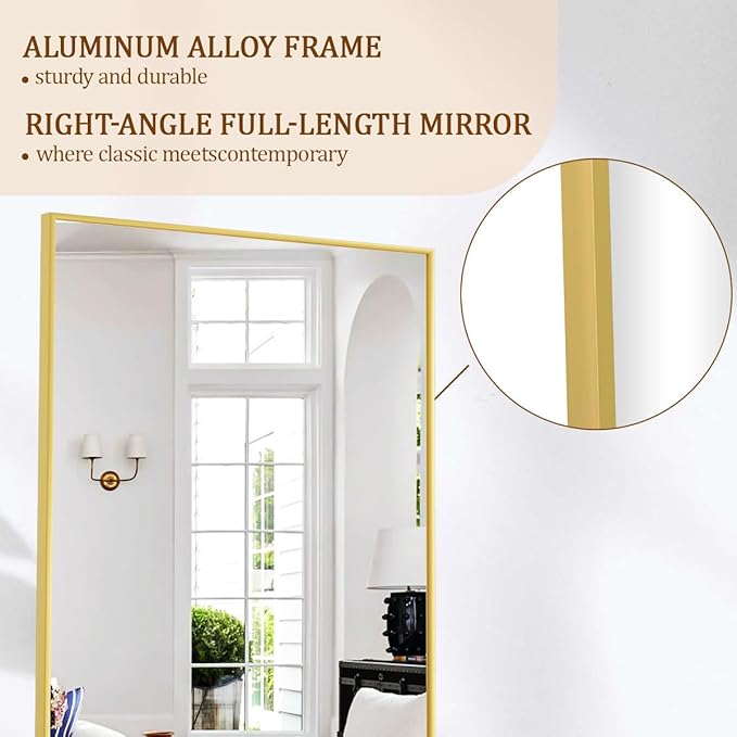 Koonmi 21"x56" Floor Mirror Full Length, Bedroom Floor Body Mirror with Stand, Large Gold Mirror, Leaning, Standing or Hanging Horizontally/Vertically