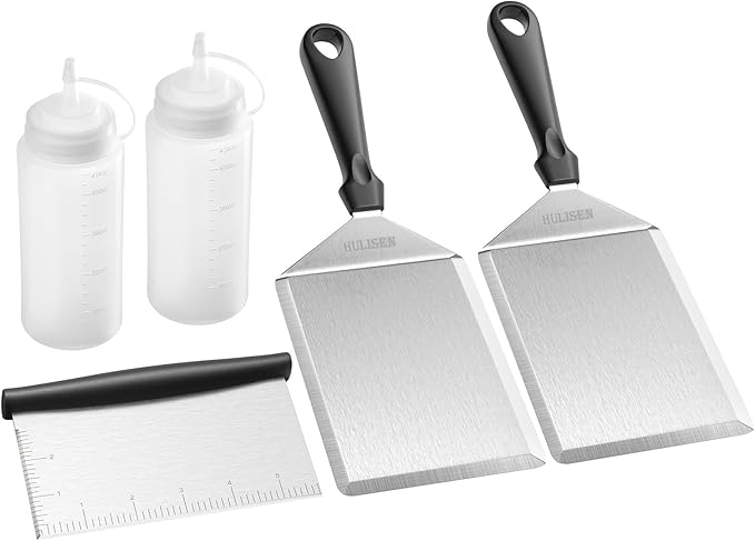 HULISEN Griddle Accessories Kit (5 Pieces), 6 x 5 Inch Stainless Steel Spatula with Cutting Edges, 2 Squeeze Bottles, Chopper/Scraper, Essential Flat Top Grill Accessories for Cooking Indoor/Outdoor