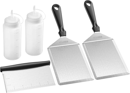 HULISEN Griddle Accessories Kit (5 Pieces), 6 x 5 Inch Stainless Steel Spatula with Cutting Edges, 2 Squeeze Bottles, Chopper/Scraper, Essential Flat Top Grill Accessories for Cooking Indoor/Outdoor