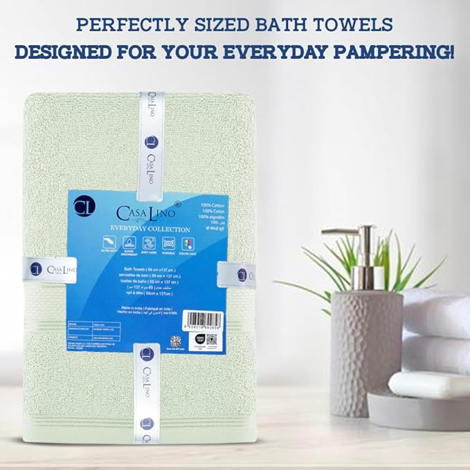 Casa Lino 4 Pack Bath Towels (27x54), 100% Pure Cotton, Luxury Bath Towels, Lightweight & Highly Absorbent, Quick Drying Towels for Bathroom, for Daily Use Bathroom, Light Sage