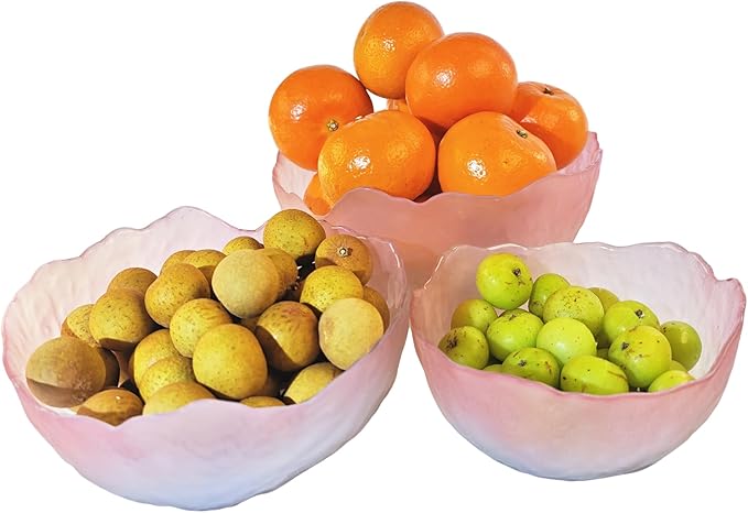 Glass Salad Bowls Set 3 Irregular Shaped Mixing Bowls Ideal for Kitchen Prep of Fruit, Pasta, Popcorn & Snacks - Stylish and Functional Tableware Essential (Pink)