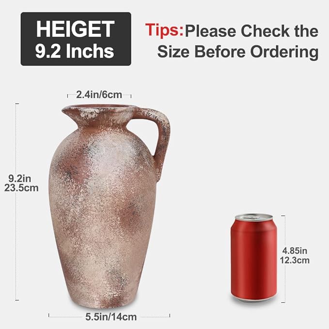 Rustic Farmhouse Ceramic Vase, 9.2" Tall Vintage Pottery Vases, Terracotta Decorative Boho Pampas Flower Vase, Suitable for Home Decor Living Room Entryway Table Bookshelf Mantle Shelf Decor