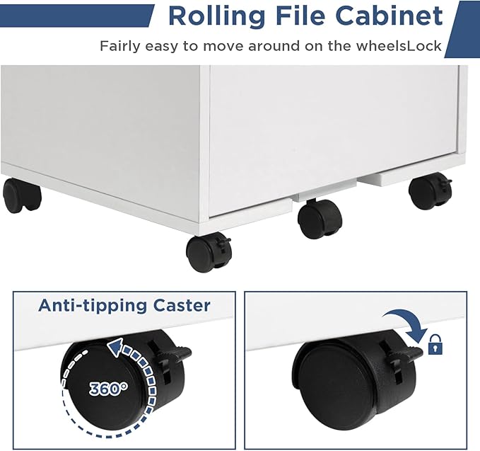 HollyHOME 3-Drawer Wood File Cabinet, Under Desk Cabinet for Home Office, Rolling Storage Shelf for Home, Printer Stand, for A4, Letter-Size, 11.8in Hanging File Folders, White