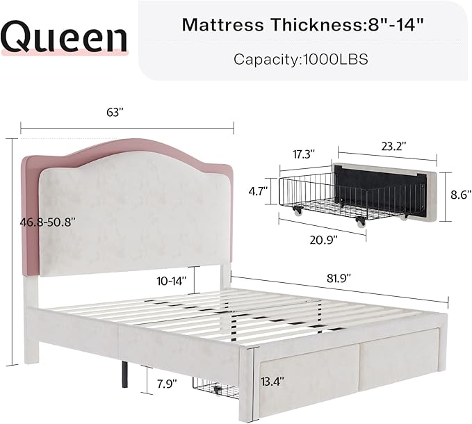 Jocisland Queen Bed Frame with Storage Drawers, 51" Adjustable Velvet Headboard, RGB LED Lights, Upholstered Platform Bed, Modern Bed for Teens, Guest Room, No Box Spring Needed, Cream