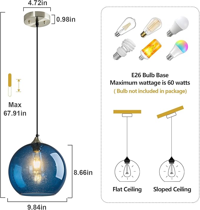 Blue Glass Pendant Lights Kitchen Island Lighting Globe Pendant Light Fixtures Modern Pendant Lighting for Kitchen Island Bedroom Living Dining Room Light Fixture(9.84in, 3-Pack)
