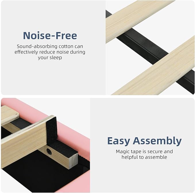 Queen Bed Frame with Headboard and LED Lights, Modern Upholstered Faux Leather Platform Bed with Wooden Slats Support, No Box Spring Needed, Easy Assembly, Pink