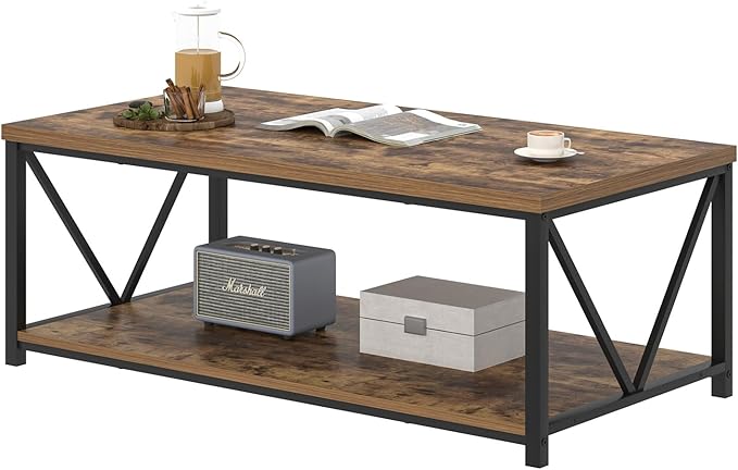 EXCEFUR Modern Coffee Table, Rustic Wood and Metal Living Room Table with Storage Shelf, Industrial Rectangle Center Table, 47 Inch Brown