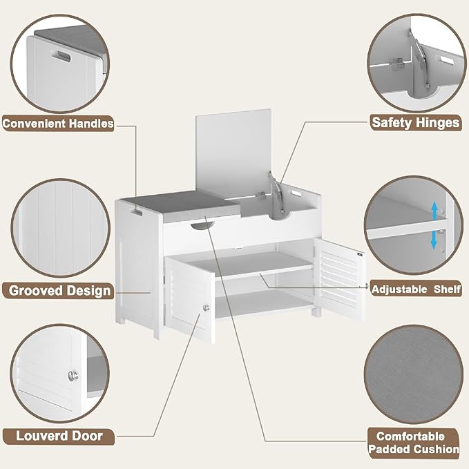 ChooChoo Shoe Storage Bench with Lift Top Storage, Entryway Bench with 2 Cushioned Seats, 3 Compartments, Adjustable Shelf, Shoe Cabinet for Entryway, Bedroom, Living Room, White