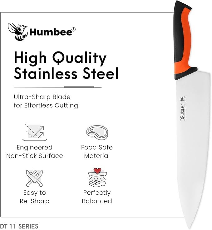 12 Inch Professional Chef Knife with Ergonomic Handle – NSF Certified Stainless Steel Kitchen Knife, Serrated Wave Teeth, Durable and Sharp Blade, DT 11 Series, Orange