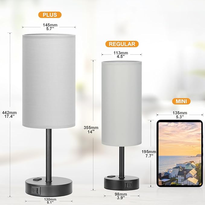 Touch Bedroom Lamp - Grey, 3-Way Dimmable, USB A + C Charging, AC Outlet, 17.4inch Medium