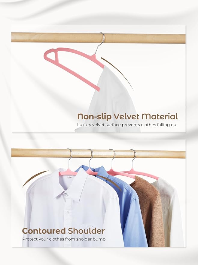 HOUSE DAY Pink Velvet Hangers 60 Pack, Luxury Felt Hangers Non Slip Space Saving Pink Clothes Hanger Heavy Duty Coat Hanger, No Shoulder Bump Focked with 360° Swivel Hook for Closet