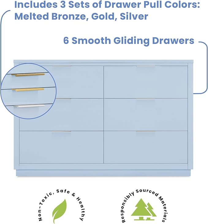 Delta Children Dylan Crib 6-Piece Baby Nursery Furniture Set–Includes: Convertible Crib, Dresser, Changing Top, Crib Mattress, Fitted Sheets & Changing Pad, Cloud Blue