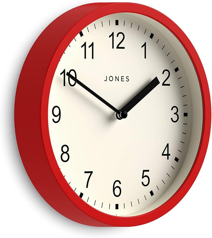 JONES CLOCKS® Spin Wall Clock | Small Modern Round Clock | 8inch | Red | Easy to Read Numbers | Ideal for Kitchen, Office, Children’s Room or Any Small Space