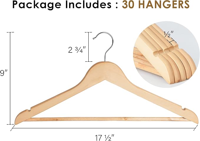 StorageWorks Wooden Hangers 30 Pack, Wood Coat Hanger for Coats, Shirts, Jackets, Pants, Suits, Natural Wood Color