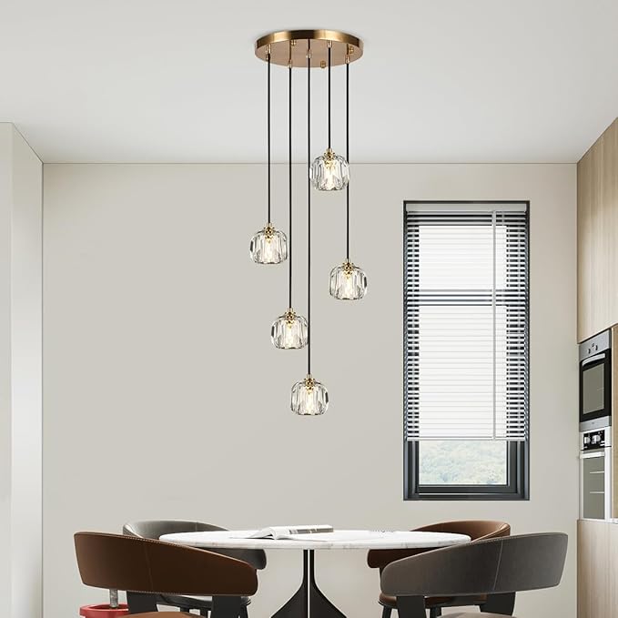 5 Light Pendant Lighting, Brushed Brass Cluster Pendant Light Fixture Kitchen Island, Modern Crystal Pendant Chandelier Hanging Lights for Dining Room Foyer