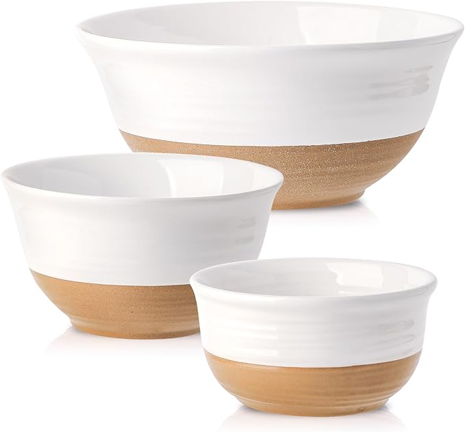 Hasense Ceramic Mixing Bowls, Large Salad Pasta Bowls Set, 2.1/1.0/0.5 Qt Serving Bowls for Entertaining, White Nesting Batter Bowls for Prepping Baking, Dishwasher Microwave Safe, Set of 3