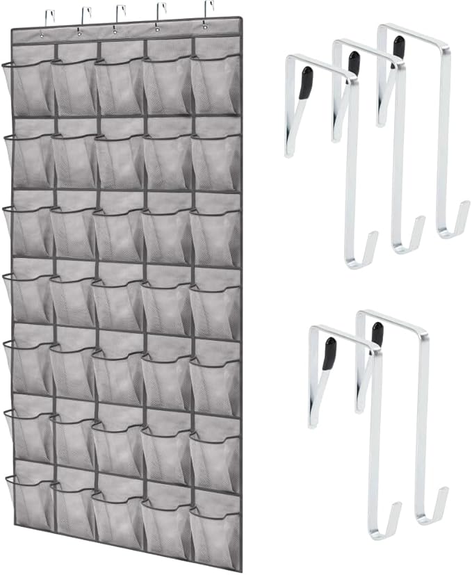 GORILLA GRIP Over the Door Shoe Organizer, 35 Large Breathable Mesh Pockets, Space Saving Hanging Storage Holder, 5 Hook Closet Rack Hanger, Hangs on Closets for Shoes, Accessories 68.5H x 24.5W Gray