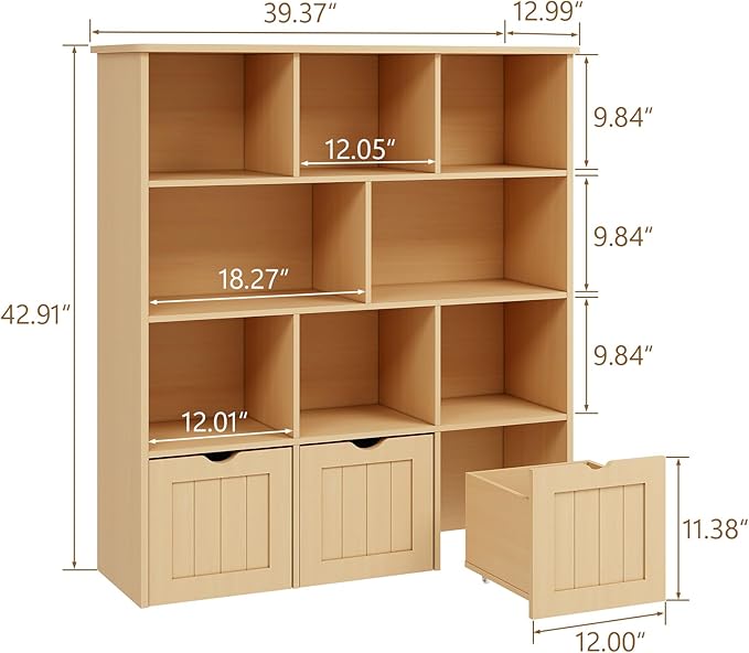 Toy Storage Organizer with Bookshelf, Large Toy Organizers and 3 Movable Drawers with Hidden Wheels and 8 Storage Cubbies, Kids Bookshelf and Toy Chest, Playroom Furniture, Oak