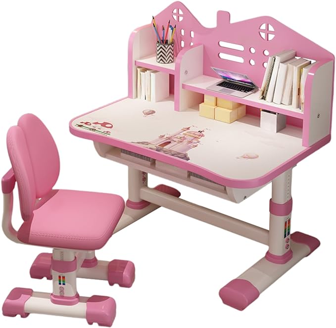 Small Standing Desk and Chair Set - Widened Desktop With Multi Separation Cartoon Pattern, Kids Adjustable Height Study Table With Drawer (Pink)