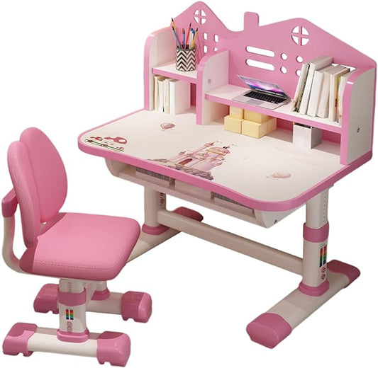 Small Standing Desk and Chair Set - Widened Desktop With Multi Separation Cartoon Pattern, Kids Adjustable Height Study Table With Drawer (Pink)