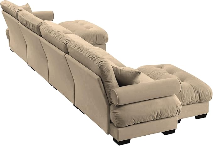 Ball & Cast 166" U Shaped Couch Sectional Couch,4 Seater Modular Couchs with Round Bolster Armrest,6 Pillows,Waist Pillows,Modern Corner Sofa w/ 2 Removable Ottomans,for Living Room,Camel