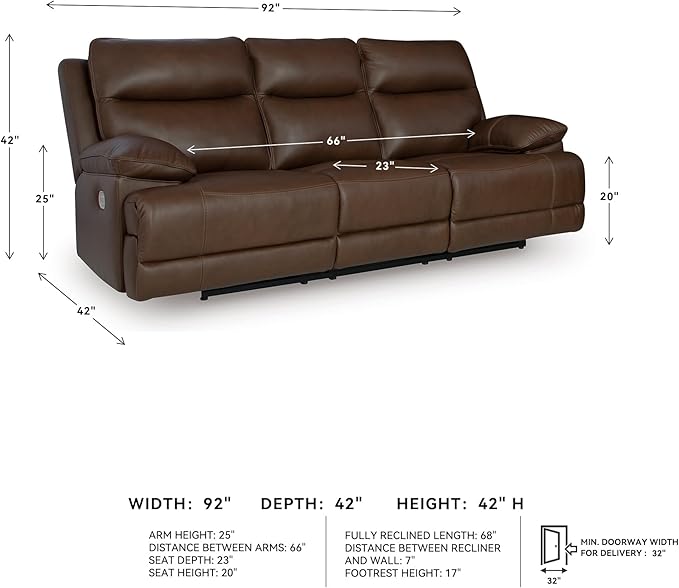 Signature Design by Ashley VonRyan Modern Leather Match Power Reclining Sofa with USB Ports, Dark Brown