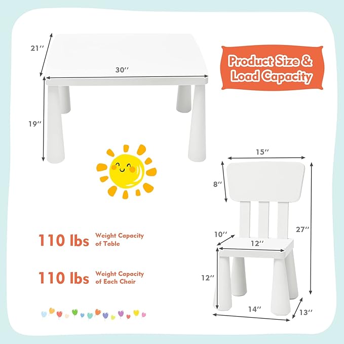 LDAILY Kids Table and Chairs, 3-Piece Children Arts Nursery Furniture for Drawing, Reading, and Painting, Light Weight Plastic Activity Kids Desk and Chair Set for Playroom, Kindergarten (White)