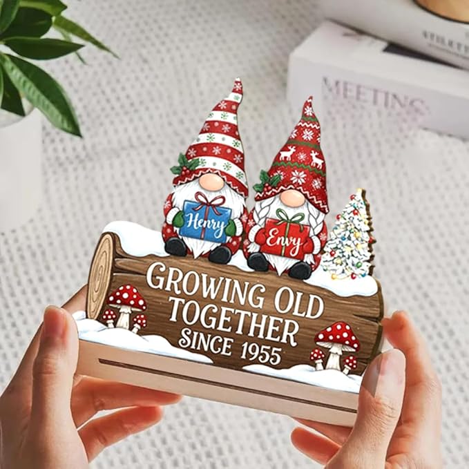 Growing Old Together Christmas Decor,Personalized Gnome Couple Wooden Plaque, Holiday Gift for Parents or Grandparents, Romantic Wooden Sign Keepsake for Couples, Winter Anniversary Decoration