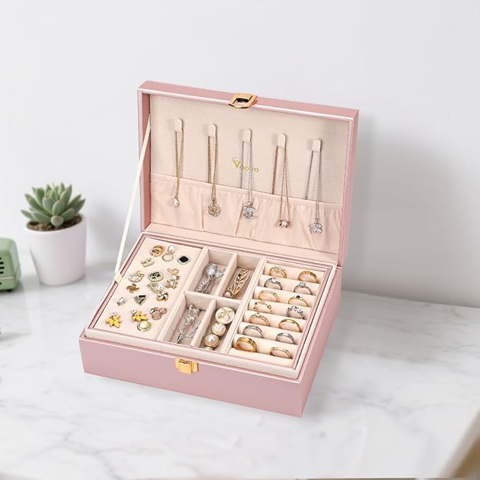 Voova Jewelry Box Organizer for Women Girls, 2 Layer Large Men Jewelry Storage Case, PU Leather Display Jewellery Holder with Removable Tray for Necklace Rings Bracelets,Vintage Gift,Rose Gold