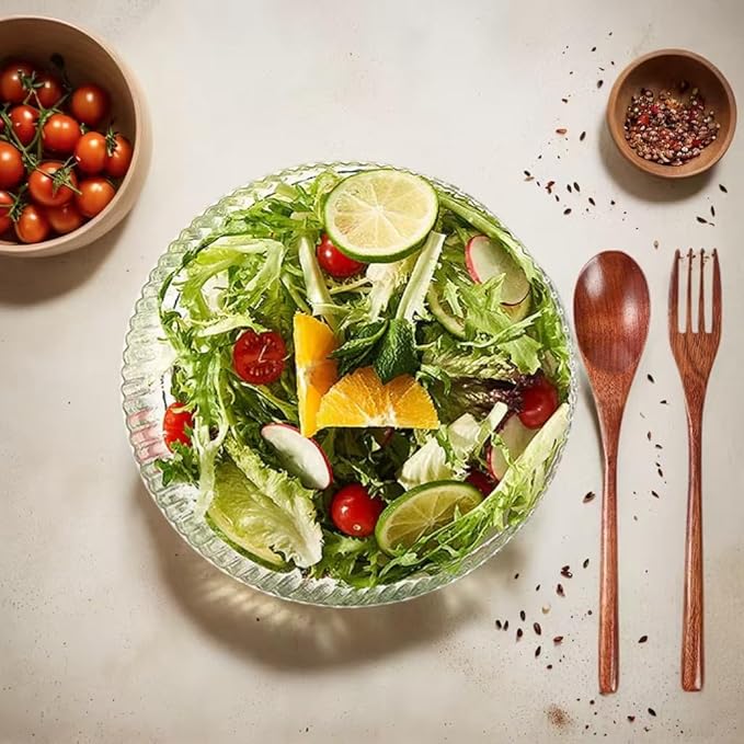 Glass Salad Bowl with Bamboo Base-4QT Party Serving Set with Utensils, Durable Calcium Glass & Rustic Wood Stand for Entertaining, Dishwasher-Safe Fruit Vegetable Mixing Bowl