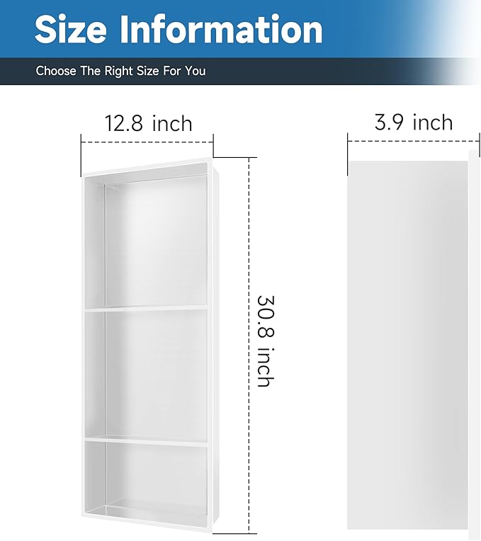 30" X 12" Stainless Steel Shower Niche Insert Tile Ready, Niche for Shower Wall, 3-Tier Recessed Shelves No Tile Needed for Bathroom Storage, White