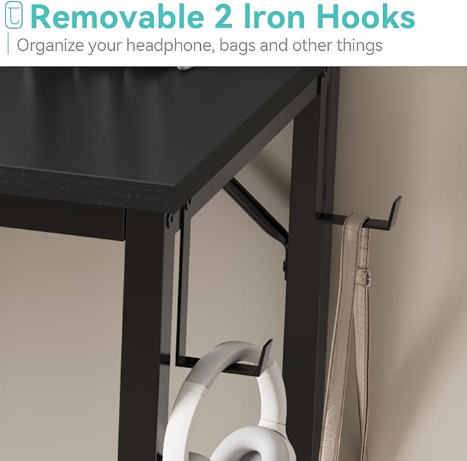 Lufeiya Small Desk for Small Spaces, 32 Inch Kids Girls Study Writing Desks for Bedroom, Simple Modern Laptop PC Little Side Table with Storage Bag Headphone Hooks, Black