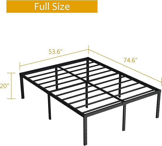Full Size Bed Frame No Box Spring Needed, 20 Inch Heavy Duty Metal Platform Bed Frame Full Support Up to 3000 lbs, Easy Assembly, Noise Free, Black