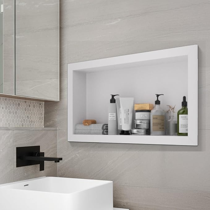 Stainless Steel Shower Niche 12" X 24"，Single Shelf Niches Bathroom Shelf Recessed Wall Niche No Tile Needed Shower Shelf for Bathroom Storage (White, 12 x 24)