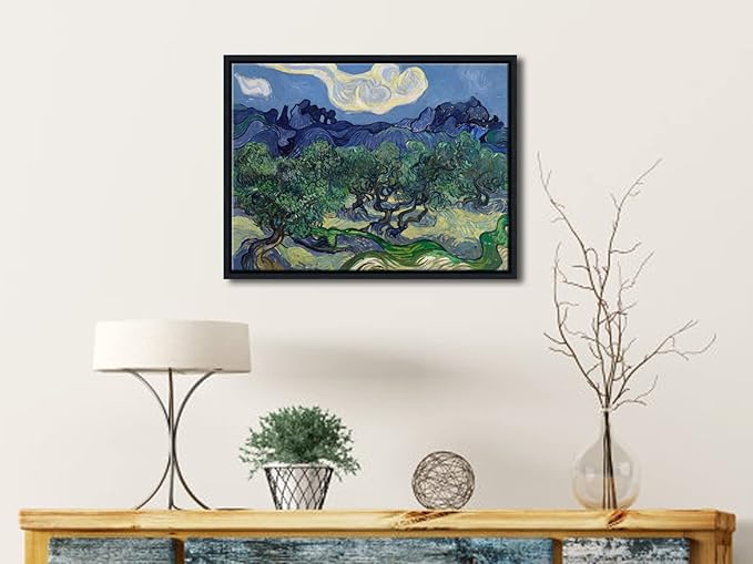 Wieco Art Framed Canvas Wall Art Olive Trees by Van Gogh Oil Paintings Reproduction Artwork Abstract Canvas Prints Wall Art Landscape Pictures for Kitchen Home Office Decorations