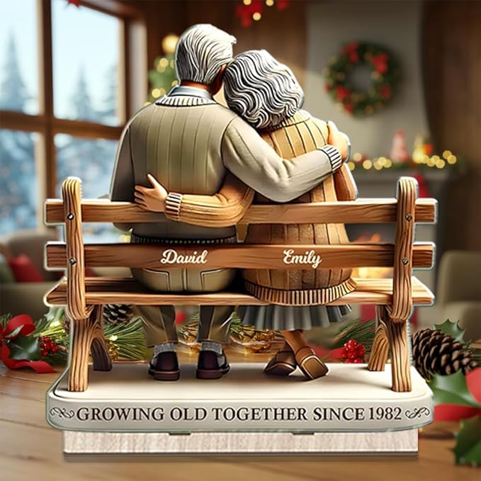 Custom Growing Old Together Christmas Decor, Personalized Couple on Bench Wooden Plaque, Heartfelt Gift for Parents or Grandparents, Romantic Holiday Keepsake for Him and Her